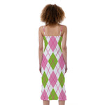 Pink Green And White Argyle Print Slim Fit Midi Cami Dress