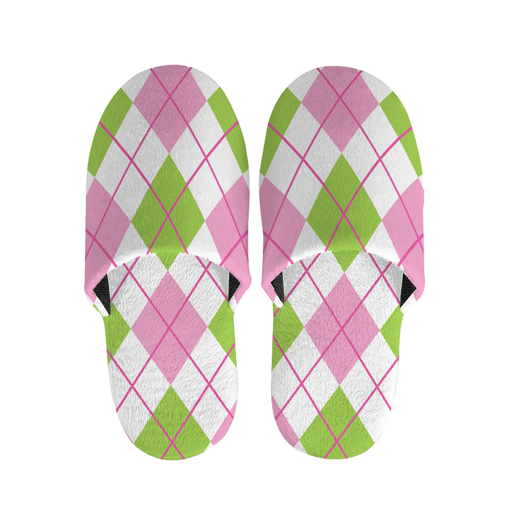 Pink Green And White Argyle Print Slippers