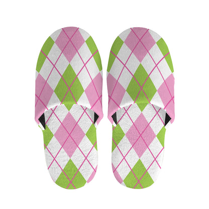Pink Green And White Argyle Print Slippers