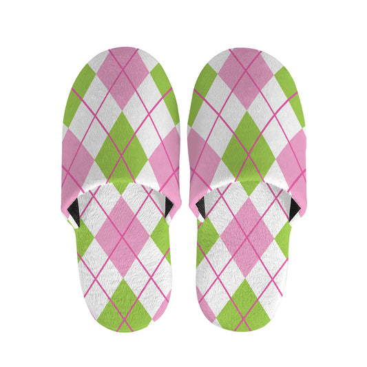 Pink Green And White Argyle Print Slippers