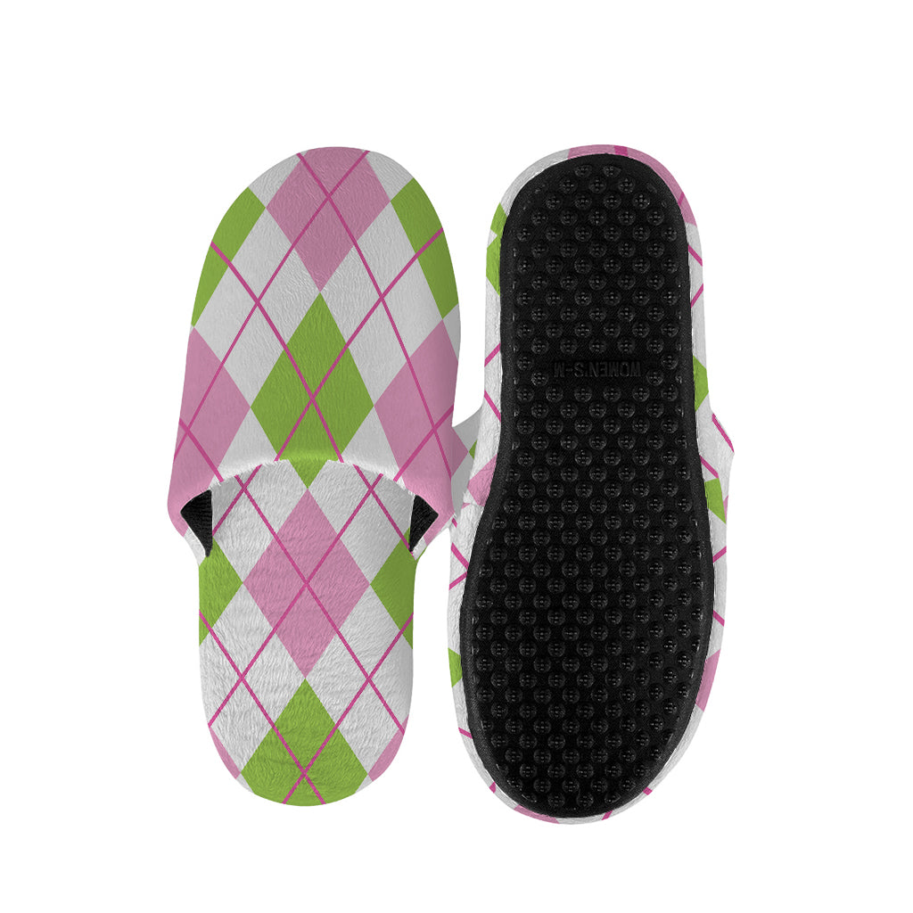 Pink Green And White Argyle Print Slippers