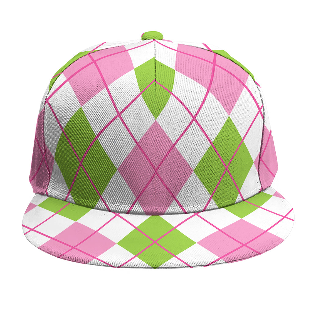 Pink Green And White Argyle Print Snapback Cap