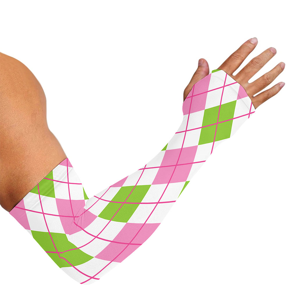 Pink Green And White Argyle Print Sun Protection Arm Sleeves