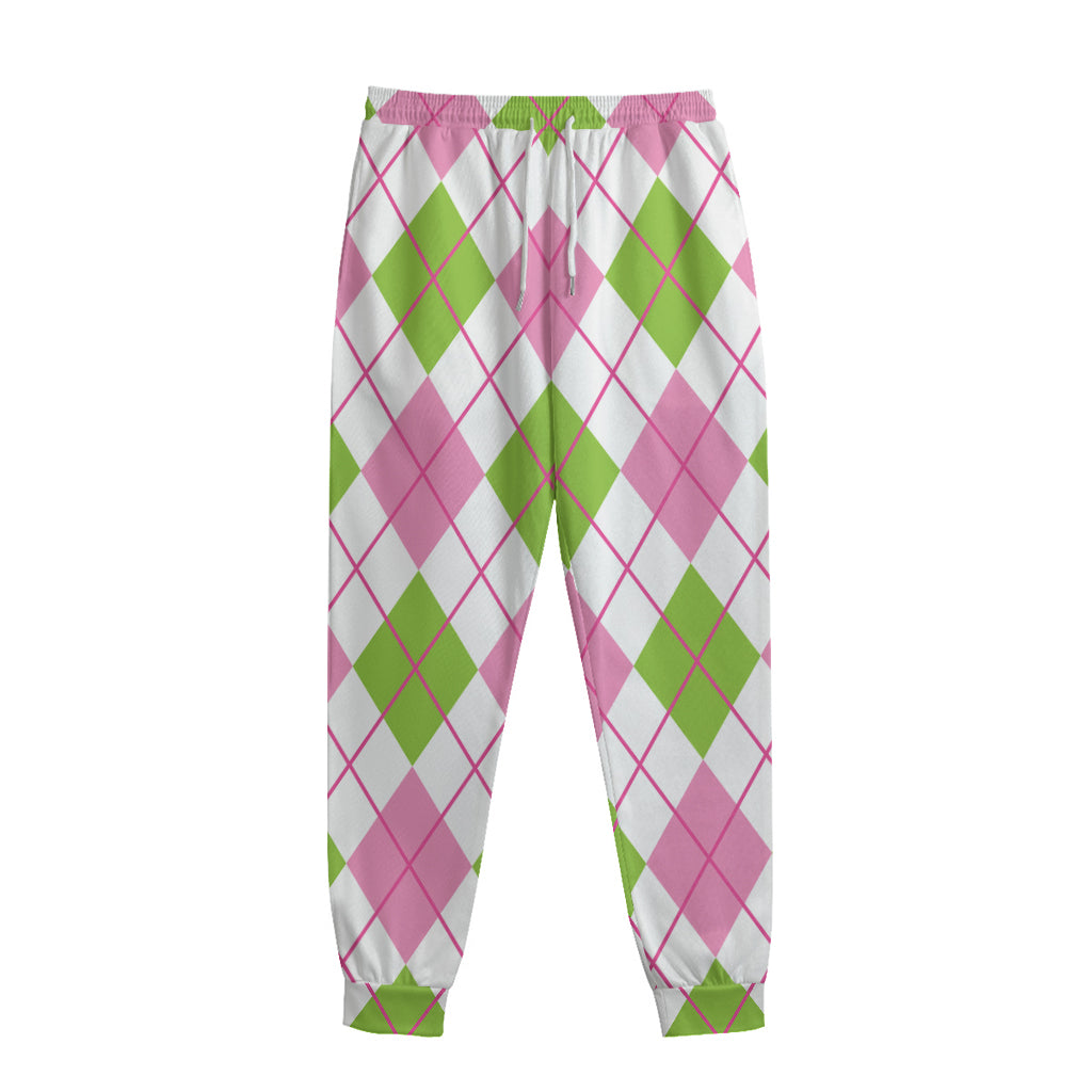 Pink Green And White Argyle Print Sweatpants
