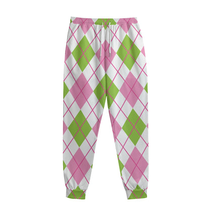 Pink Green And White Argyle Print Sweatpants