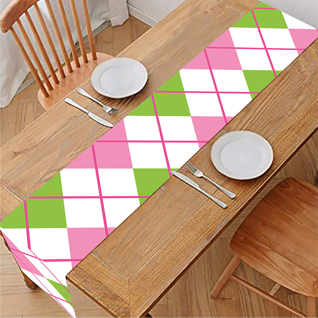 Pink Green And White Argyle Print Table Runner