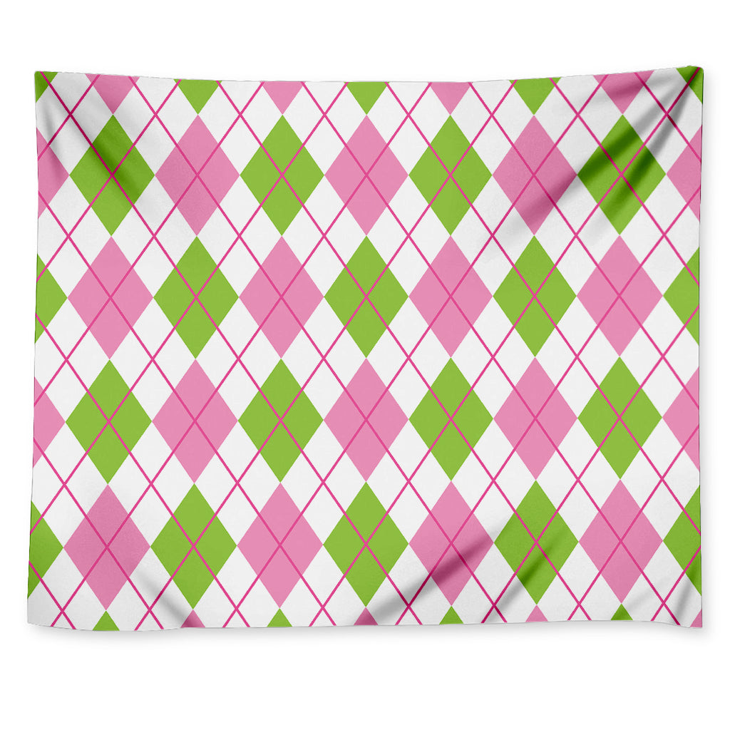 Pink Green And White Argyle Print Tapestry