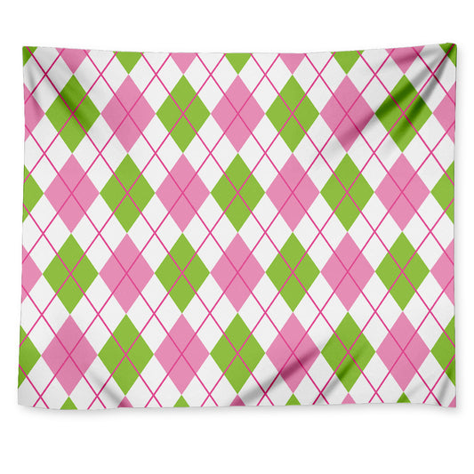 Pink Green And White Argyle Print Tapestry