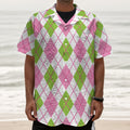 Pink Green And White Argyle Print Textured Short Sleeve Shirt