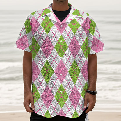Pink Green And White Argyle Print Textured Short Sleeve Shirt