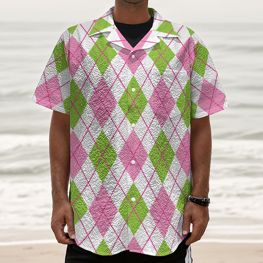 Pink Green And White Argyle Print Textured Short Sleeve Shirt