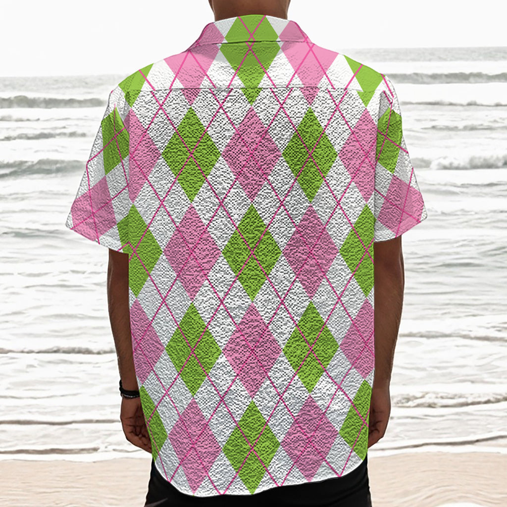 Pink Green And White Argyle Print Textured Short Sleeve Shirt