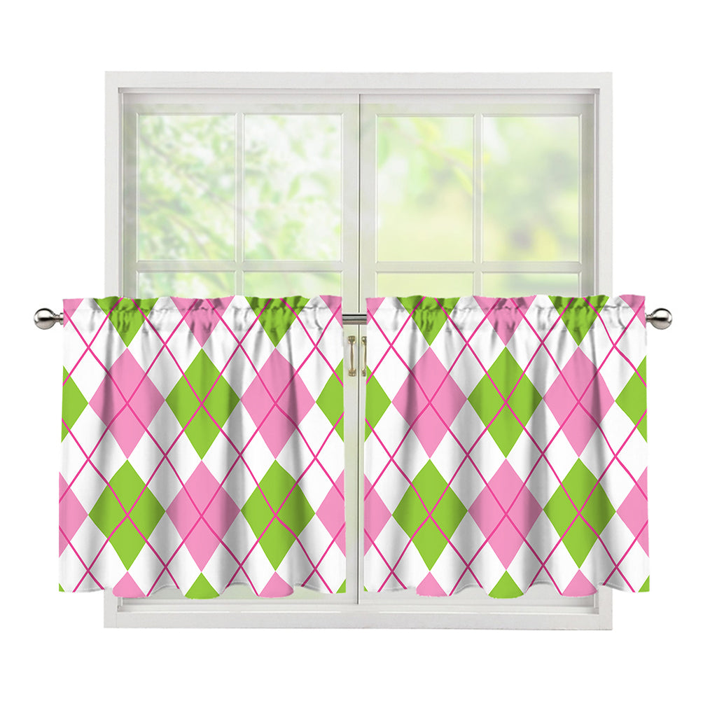 Pink Green And White Argyle Print Tier Curtains