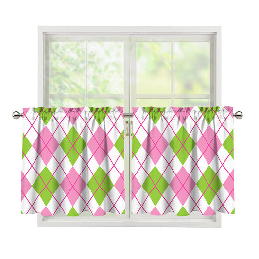 Pink Green And White Argyle Print Tier Curtains