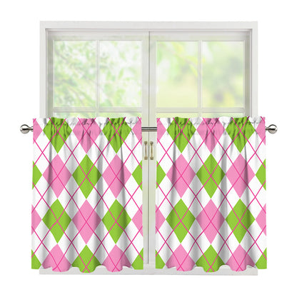 Pink Green And White Argyle Print Tier Curtains