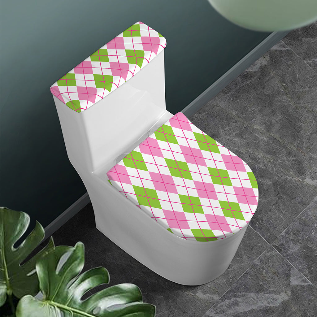Pink Green And White Argyle Print Toilet Lid And Tank Cover Set