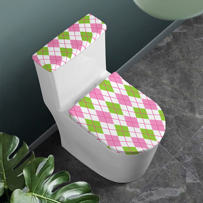 Pink Green And White Argyle Print Toilet Lid And Tank Cover Set