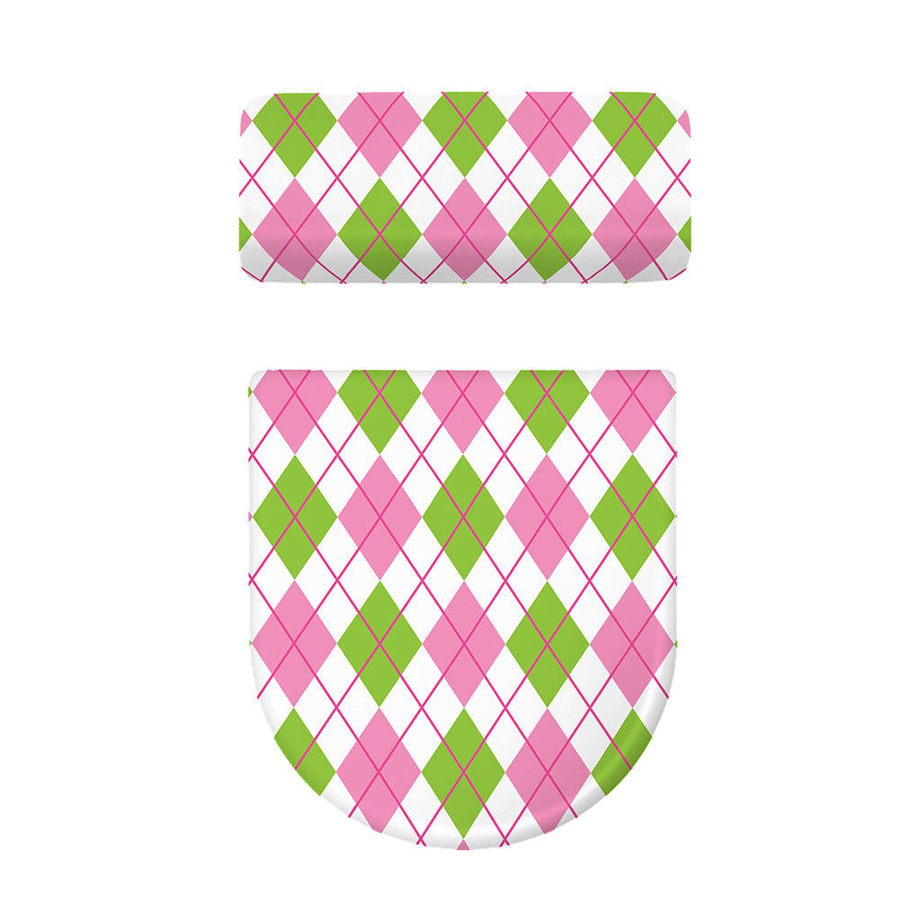 Pink Green And White Argyle Print Toilet Lid And Tank Cover Set