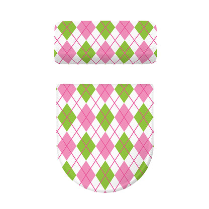 Pink Green And White Argyle Print Toilet Lid And Tank Cover Set