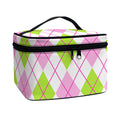 Pink Green And White Argyle Print Travel Makeup Bag