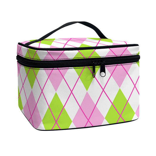 Pink Green And White Argyle Print Travel Makeup Bag