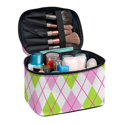 Pink Green And White Argyle Print Travel Makeup Bag