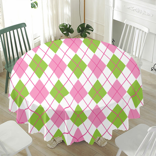 Pink Green And White Argyle Print Waterproof Round Tablecloth