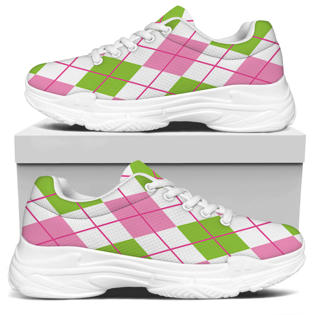 Pink Green And White Argyle Print White Chunky Shoes
