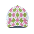 Pink Green And White Argyle Print White Mesh Trucker Hat