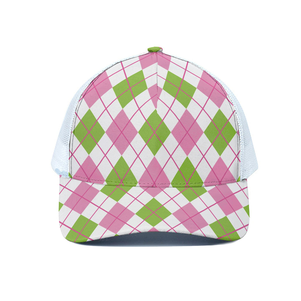 Pink Green And White Argyle Print White Mesh Trucker Cap