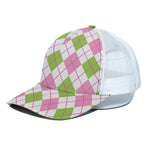 Pink Green And White Argyle Print White Mesh Trucker Cap