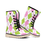 Pink Green And White Argyle Print Winter Boots