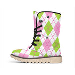 Pink Green And White Argyle Print Winter Boots