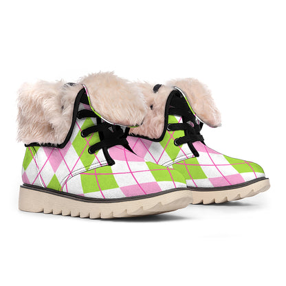 Pink Green And White Argyle Print Winter Boots