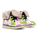 Pink Green And White Argyle Print Winter Boots