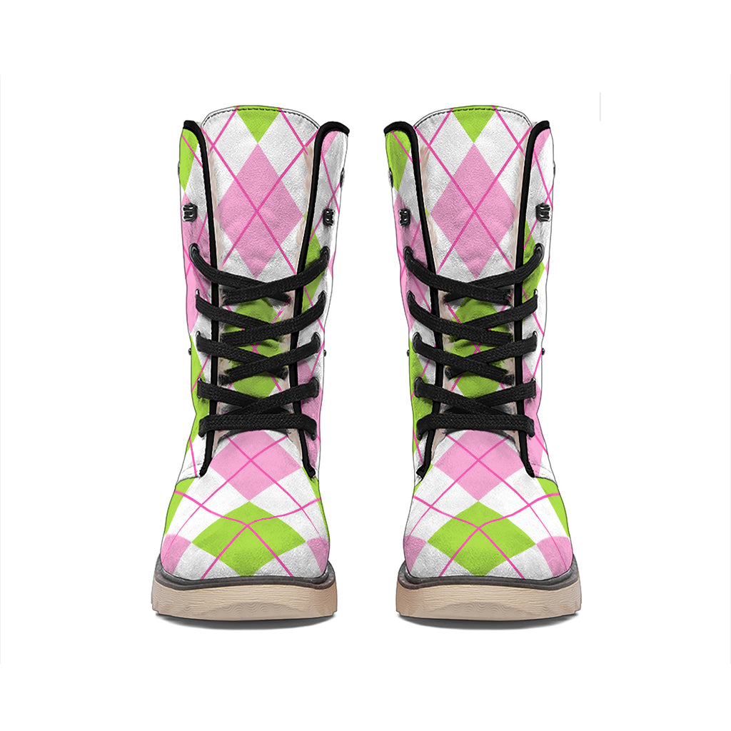 Pink Green And White Argyle Print Winter Boots
