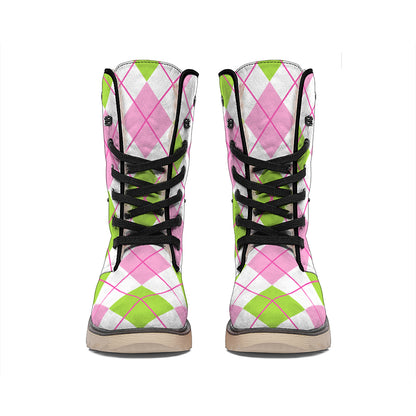 Pink Green And White Argyle Print Winter Boots