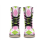 Pink Green And White Argyle Print Winter Boots