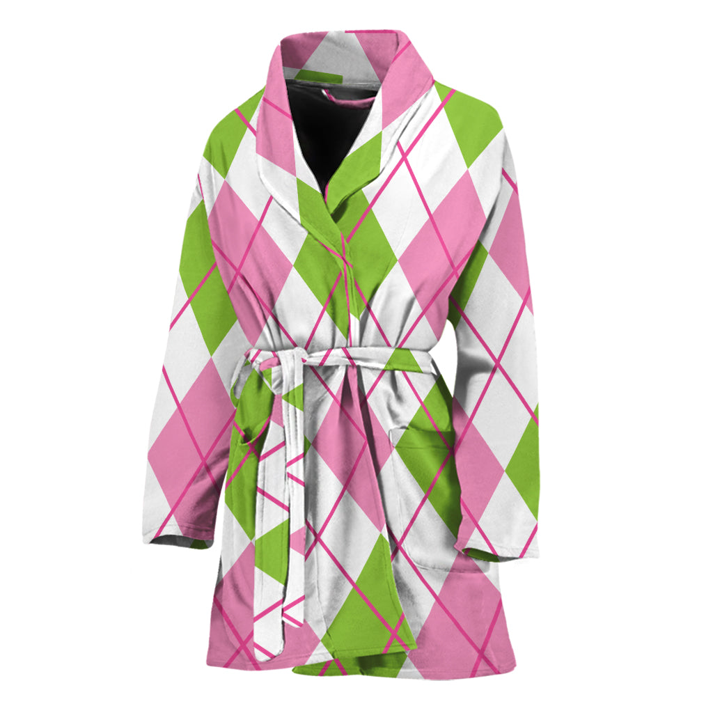 Pink Green And White Argyle Print Women's Bathrobe
