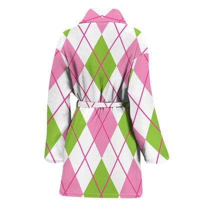 Pink Green And White Argyle Print Women's Bathrobe