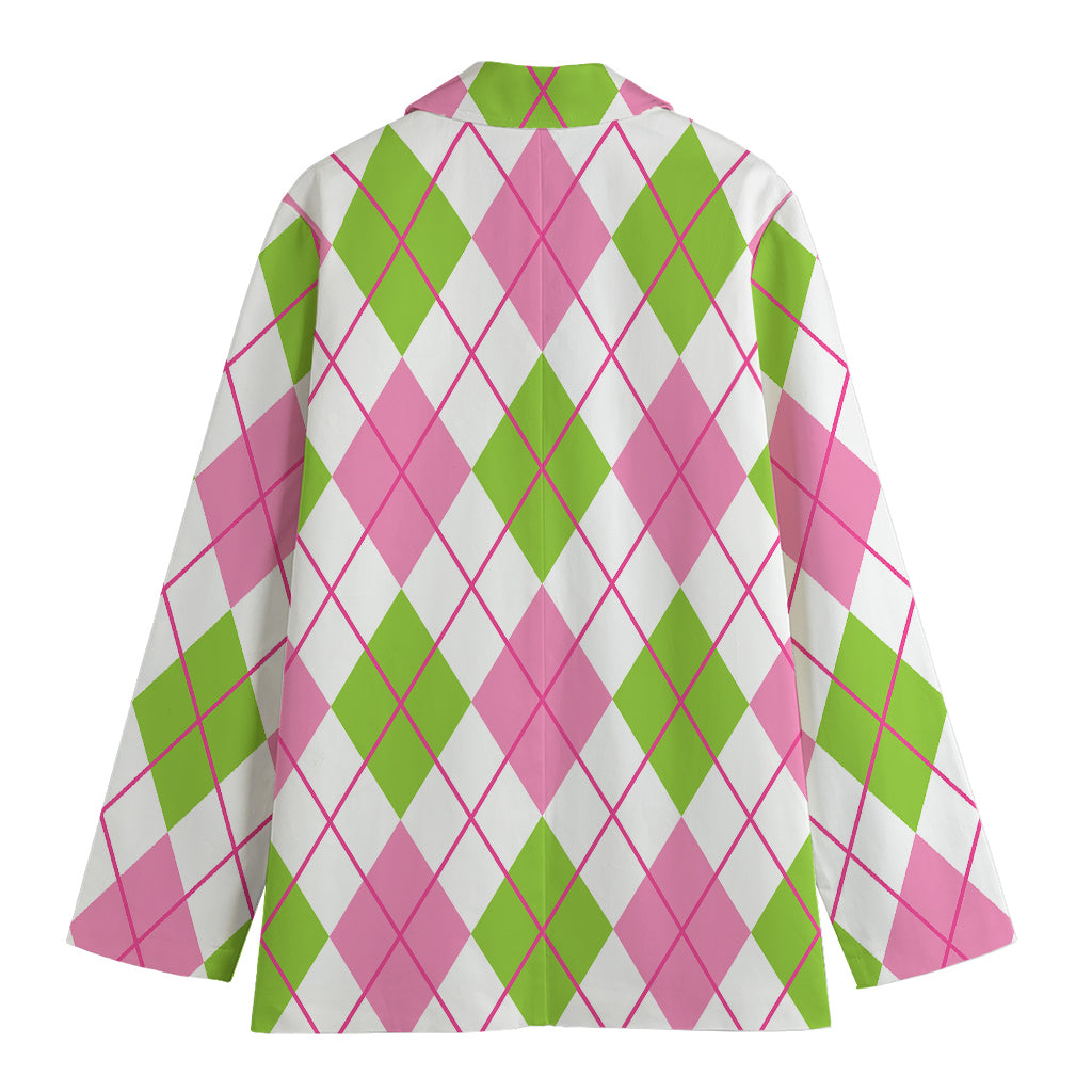 Pink Green And White Argyle Print Women's Blazer