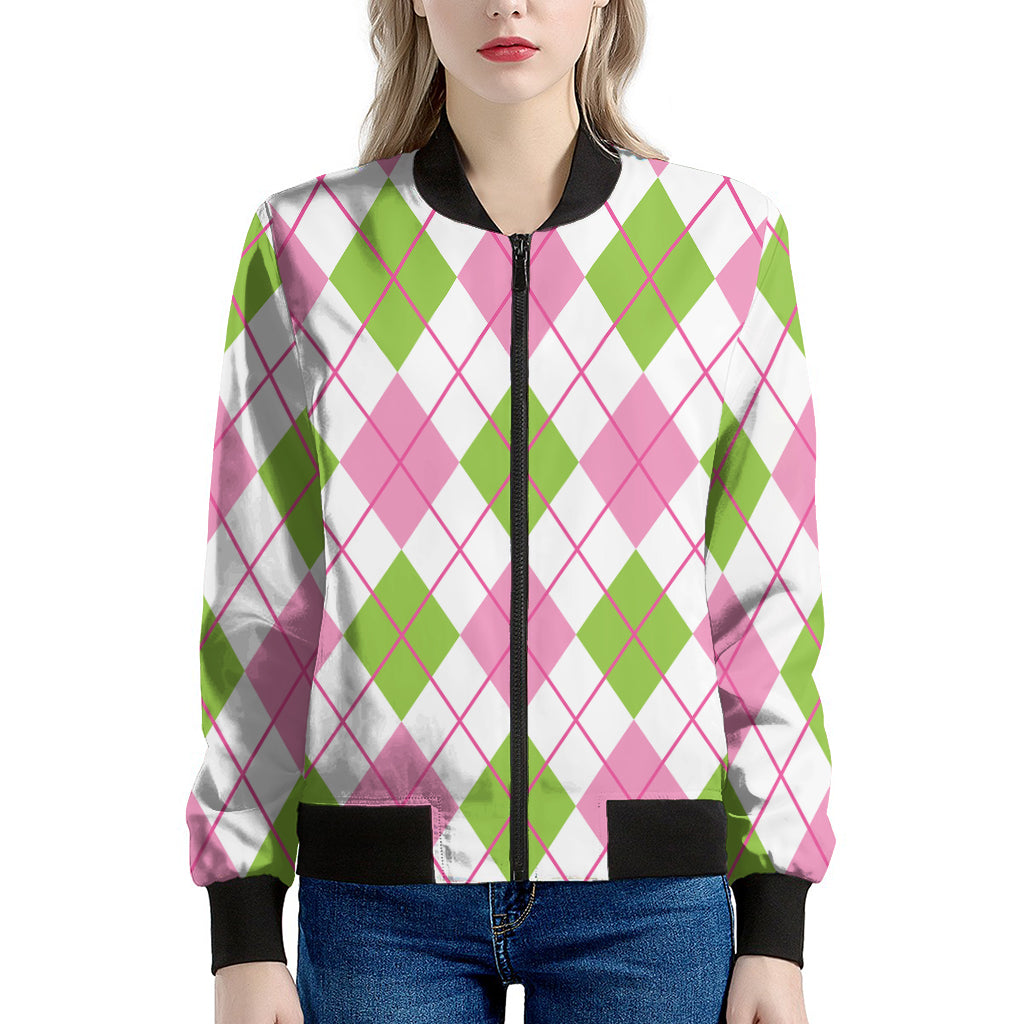 Pink Green And White Argyle Print Women's Bomber Jacket