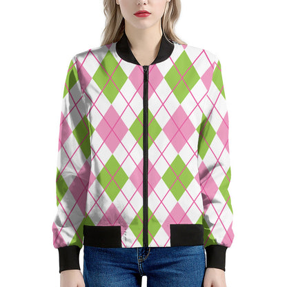 Pink Green And White Argyle Print Women's Bomber Jacket