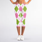 Pink Green And White Argyle Print Women's Capri Leggings