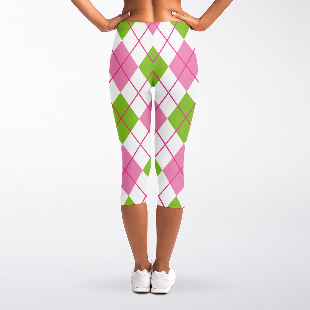 Pink Green And White Argyle Print Women's Capri Leggings