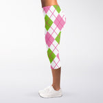 Pink Green And White Argyle Print Women's Capri Leggings