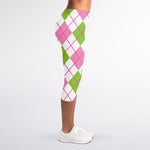 Pink Green And White Argyle Print Women's Capri Leggings