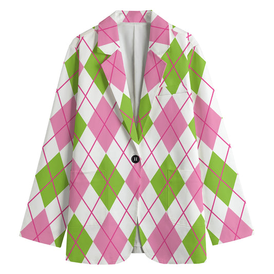 Pink Green And White Argyle Print Women's Cotton Blazer