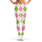 Pink Green And White Argyle Print Women's Leggings