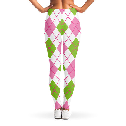 Pink Green And White Argyle Print Women's Leggings